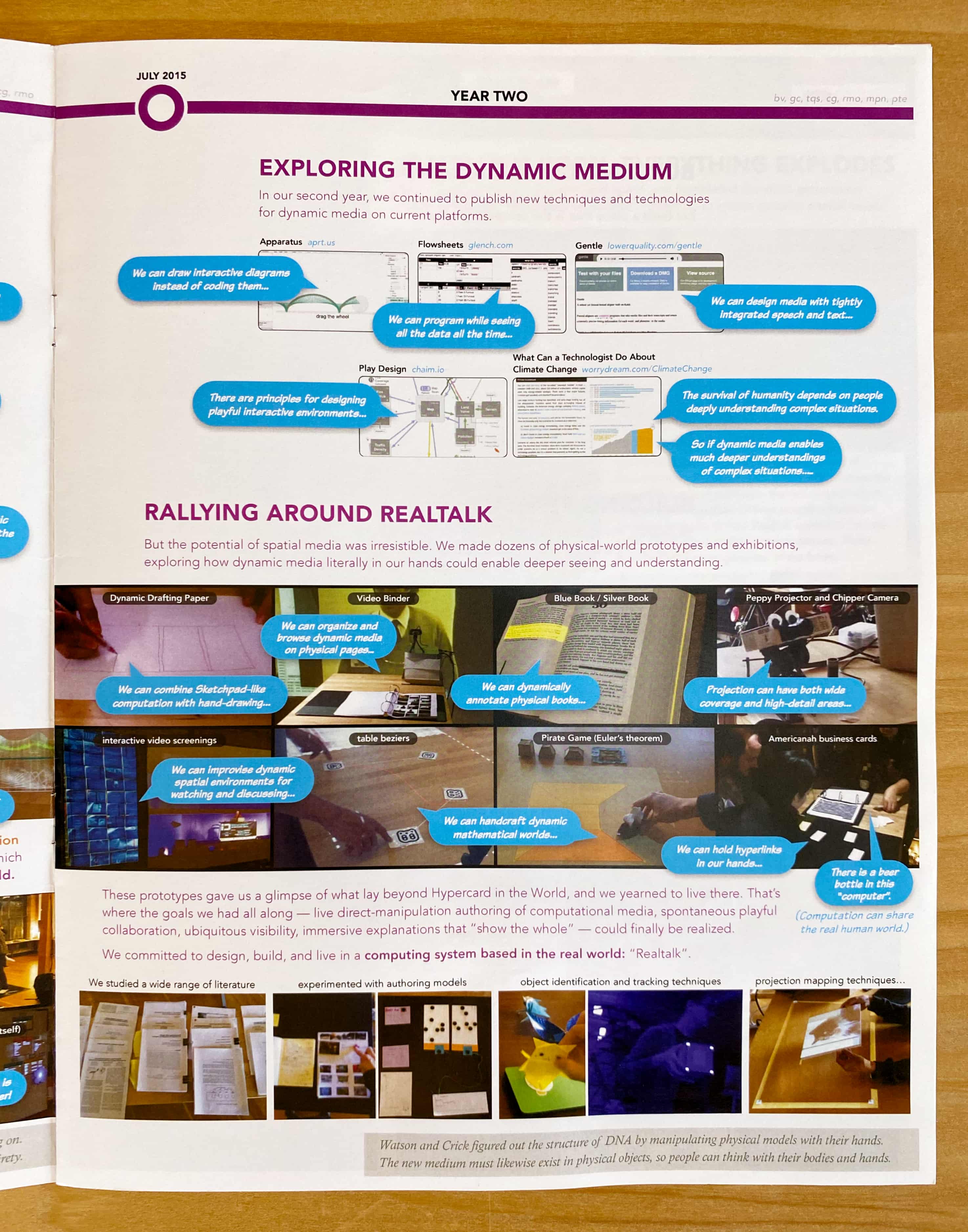 July 2015: YEAR TWO

EXPLORING THE DYNAMIC MEDIUM. In our second year, we continued to publish new techniques and technologies for dynamic media on current platforms.

We can draw interactive diagrams instead of coding them... We can program while seeing all the data all the time... We can design media with tightly integrated speech and text... There are principles for designing playful interactive environments... The survival of humanity depends on people deeply understanding complex situations. So if dynamic media enables much deeper understandings of complex situations.....

RALLYING AROUND REALTALK. But the potential of spatial media was irresistible. We made dozens of physical-world prototypes and exhibitions, exploring how dynamic media literally in our hands could enable deeper seeing and understanding.

We can combine Sketchpad-like computation with hand-drawing... We can organize and browse dynamic media on physical pages... We can dynamically annotate physical books... Projection can have both wide coverage and high-detail areas... We can improvise dynamic spatial environments for watching and discussing... We can handcraft dynamic mathematical worlds... We can hold hyperlinks in our hands... There is a beer bottle in this “computer”. (Computation can share the real human world.)

These prototypes gave us a glimpse of what lay beyond Hypercard in the World, and we yearned to live there. That’s where the goals we had all along — live direct-manipulation authoring of computational media, spontaneous playful collaboration, ubiquitous visibility, immersive explanations that “show the whole” — could finally be realized.

We committed to design, build, and live in a computing system based in the real world: “Realtalk”.

We studied a wide range of literature, experimented with authoring models, object identification and tracking techniques, projection mapping techniques...

Watson and Crick figured out the structure of DNA by manipulating physical models with their hands. The new medium must likewise exist in physical objects, so people can think with their bodies and hands.