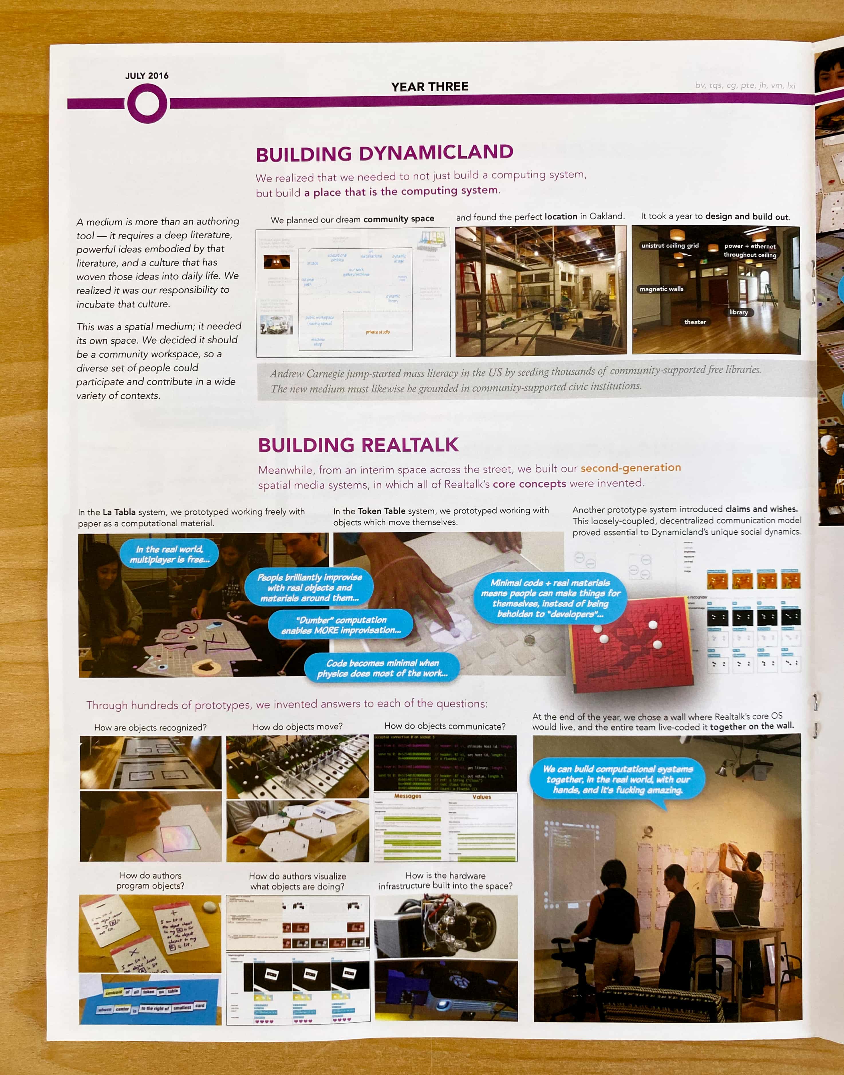 July 2016: YEAR THREE

BUILDING DYNAMICLAND. We realized that we needed to not just build a computing system, but build a place that is the computing system. We planned our dream community space, and found the perfect location in Oakland. It took a year to design and build out.

A medium is more than an authoring tool — it requires a deep literature, powerful ideas embodied by that literature, and a culture that has woven those ideas into daily life. We realized it was our responsibility to incubate that culture. This was a spatial medium; it needed its own space. We decided it should be a community workspace, so a diverse set of people could participate and contribute in a wide variety of contexts.

Andrew Carnegie jump-started mass literacy in the US by seeding thousands of community-supported free libraries. The new medium must likewise be grounded in community-supported civic institutions.

BUILDING REALTALK. Meanwhile, from an interim space across the street, we built our second-generation spatial media systems, in which all of Realtalk’s core concepts were invented.

In the La Tabla system, we prototyped working freely with paper as a computational material. In the Token Table system, we prototyped working with objects which move themselves. Another prototype system introduced claims and wishes. This loosely-coupled, decentralized communication model proved essential to Dynamicland’s unique social dynamics.

In the real world, multiplayer is free... People brilliantly improvise with real objects and materials around them... “Dumber” computation enables MORE improvisation... Code becomes minimal when physics does most of the work... Minimal code + real materials means people can make things for themselves, instead of being beholden to “developers”...

Through hundreds of prototypes, we invented answers to each of the questions: How are objects recognized? How do objects move? How do objects communicate? How do authors program objects? How do authors visualize what objects are doing? How is the hardware infrastructure built into the space?

At the end of the year, we chose a wall where Realtalk’s core OS would live, and the entire team live-coded it together on the wall.

We can build computational systems together, in the real world, with our hands, and it’s fucking amazing.