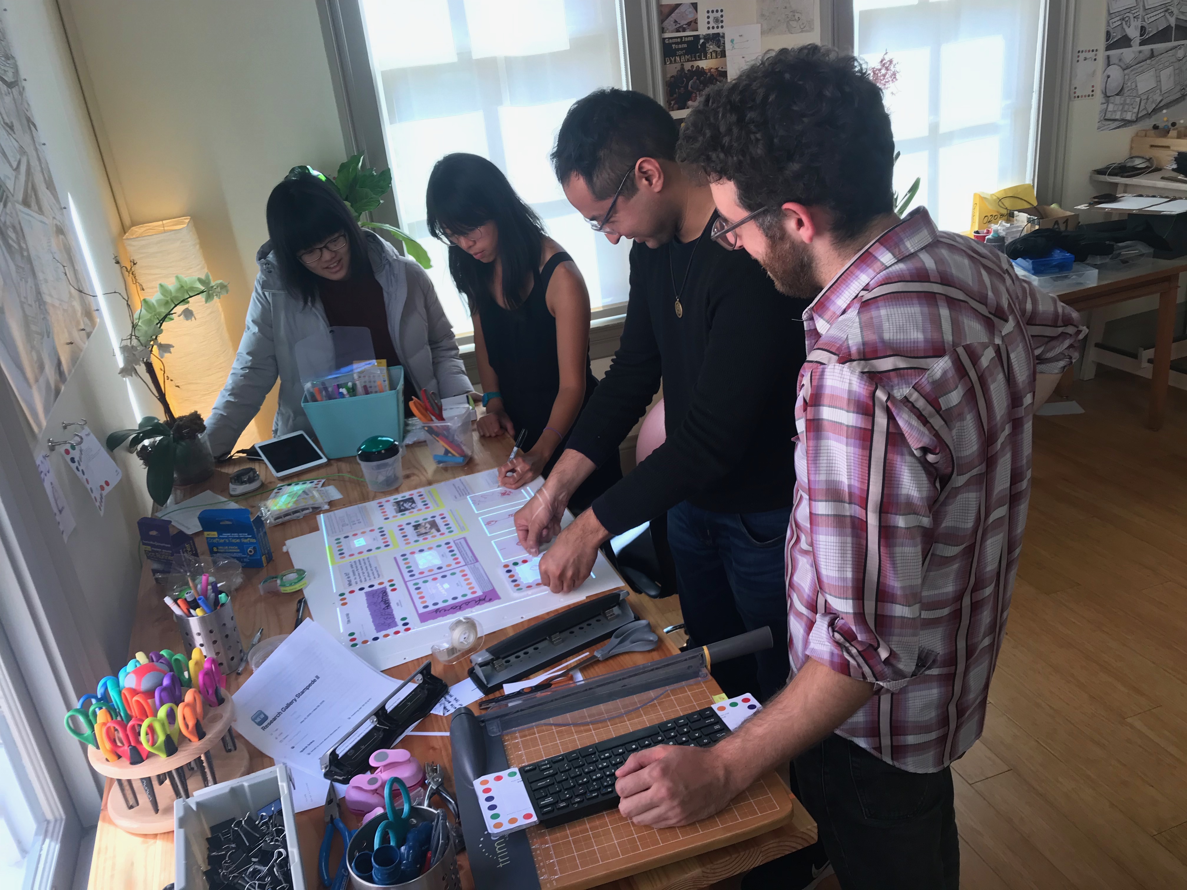 Weiwei, Paula, Omar and Josh at the scrapbooking table authoring a page