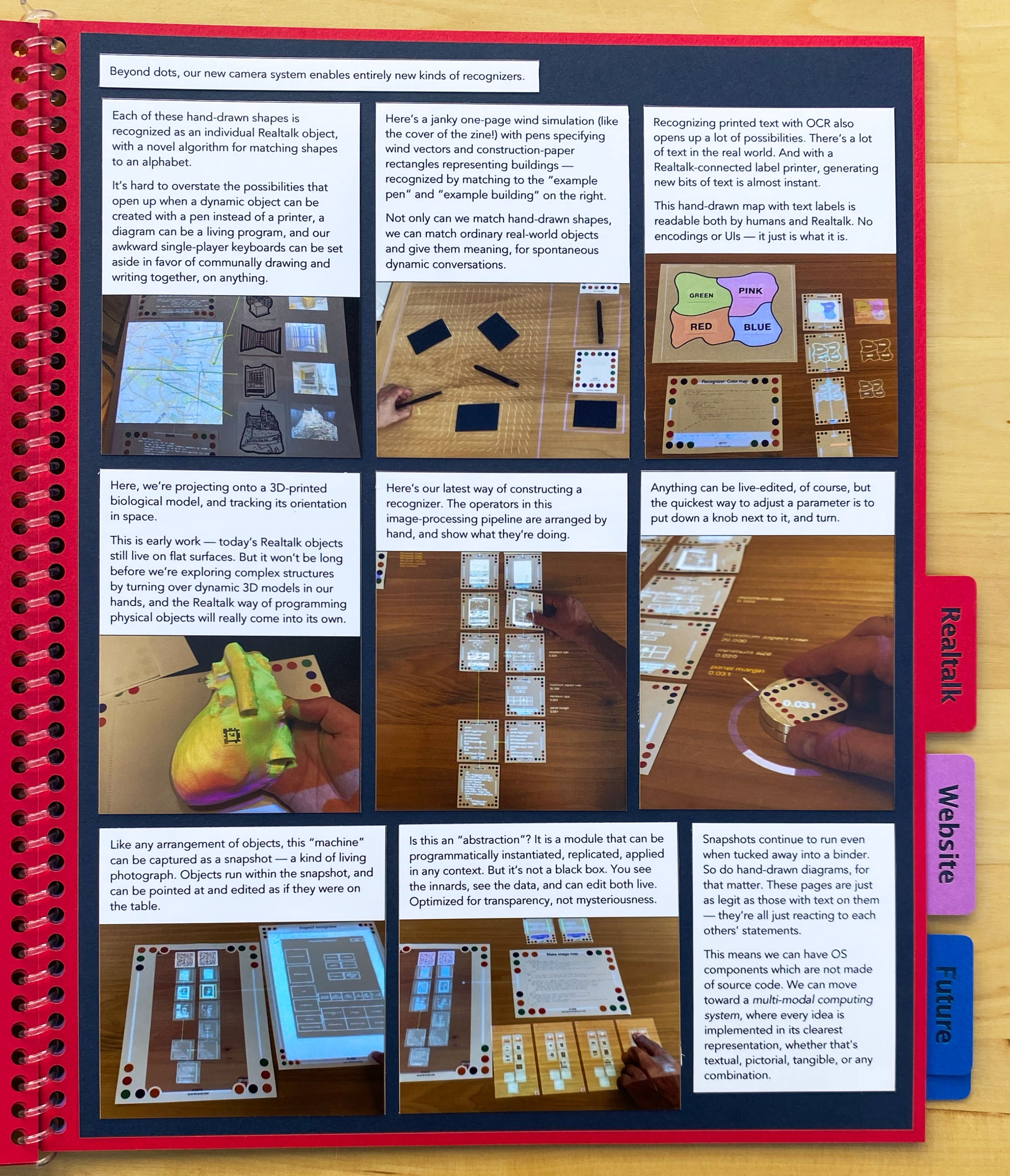 Beyond dots, our new camera system enables entirely new kinds of recognizers.

Each of these hand-drawn shapes is recognized as an individual Realtalk object, with a novel algorithm for matching shapes to
an alphabet.

It’s hard to overstate the possibilities that open up when a dynamic object can be created with a pen instead of a printer, a
diagram can be a living program, and our awkward single-player keyboards can be set aside in favor of communally drawing and
writing together, on anything.

Here’s a janky one-page wind simulation (like the cover of the zine!) with pens specifying wind vectors and construction-paper
rectangles representing buildings — recognized by matching to the “example pen” and “example building” on the right.

Not only can we match hand-drawn shapes, we can match ordinary real-world objects and give them meaning, for spontaneous dynamic
conversations.

Recognizing printed text with OCR also opens up a lot of possibilities. There’s a lot of text in the real world. And with a
Realtalk-connected label printer, generating new bits of text is almost instant.

This hand-drawn map with text labels is readable both by humans and Realtalk. No encodings or UIs — it just is what it is.

Here, we’re projecting onto a 3D-printed biological model, and tracking its orientation in space.

This is early work — today’s Realtalk objects still live on flat surfaces. But it won’t be long before we’re exploring
complex structures by turning over dynamic 3D models in our hands,
and the Realtalk way of programming physical objects will really come into its own.

Here’s our latest way of constructing a recognizer. The operators in this image-processing pipeline are arranged by hand, and
show what they’re doing.

Anything can be live-edited, of course, but the quickest way to adjust a parameter is to put down a knob next to it, and turn.

Like any arrangement of objects, this “machine” can be captured as a snapshot — a kind of living photograph. Objects run
within the snapshot, and can be pointed at and edited as if they were on the table.

Is this an “abstraction”? It is a module that can be programmatically instantiated, replicated, applied in any context. But
it’s not a black box. You see the innards, see the data, and can edit both live.
Optimized for transparency, not mysteriousness.

Snapshots continue to run even when tucked away into a binder. So do hand-drawn diagrams, for that matter. These pages are just as legit
as those with text on them — they’re all just reacting to each others’ statements.

This means we can have OS components which are not made of source code. We can move toward a multi-modal
computing system, where every idea is implemented in its clearest representation, whether that’s textual, pictorial,
tangible, or any combination.