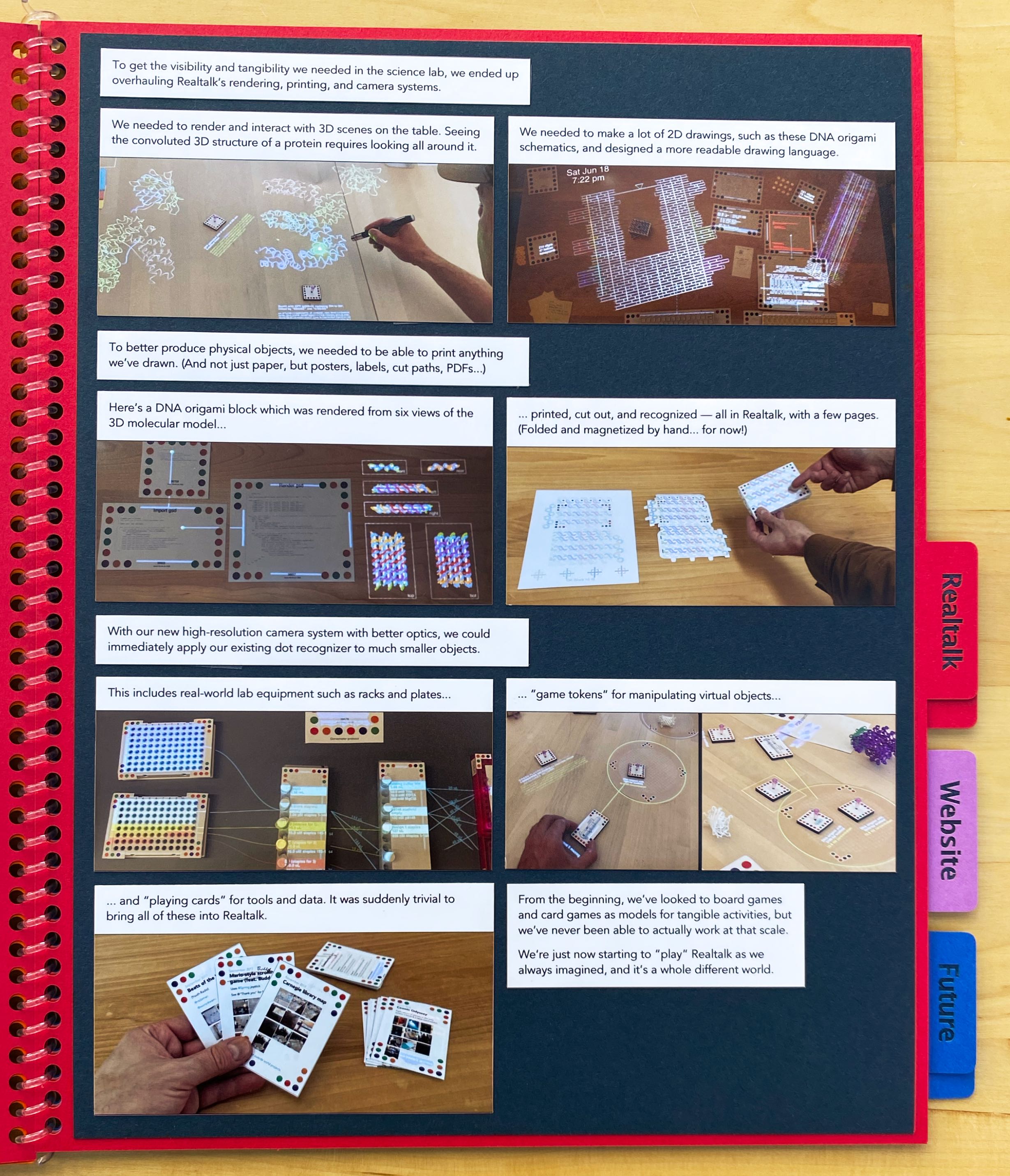 To get the visibility and tangibility we needed in the science lab, we ended up overhauling Realtalk’s rendering, printing,
and camera systems.

We needed to render and interact with 3D scenes on the table. Seeing the convoluted 3D structure of
a protein requires looking all around it.

We needed to make a lot of 2D drawings, such as these DNA origami schematics, and designed a more readable drawing language.

To better produce physical objects, we needed to be able to print anything we’ve drawn. (And not just paper, but posters,
labels, cut paths, PDFs...)

Here’s a DNA origami block which was rendered from six views of the 3D molecular model...

... printed, cut out, and recognized — all in Realtalk, with a few pages. (Folded and magnetized by hand... for now!)

With our new high-resolution camera system with better optics, we could immediately apply our existing dot recognizer to much
smaller objects.

This includes real-world lab equipment such as racks and plates...

... “game tokens” for manipulating virtual objects...

... and “playing cards” for tools and data.
It was suddenly trivial to bring all of these into Realtalk.

From the beginning, we’ve looked to board games and card games as models for tangible activities, but we’ve never been able to
actually work at that scale.

We’re just now starting to “play” Realtalk as we always imagined, and it’s a whole different
world.