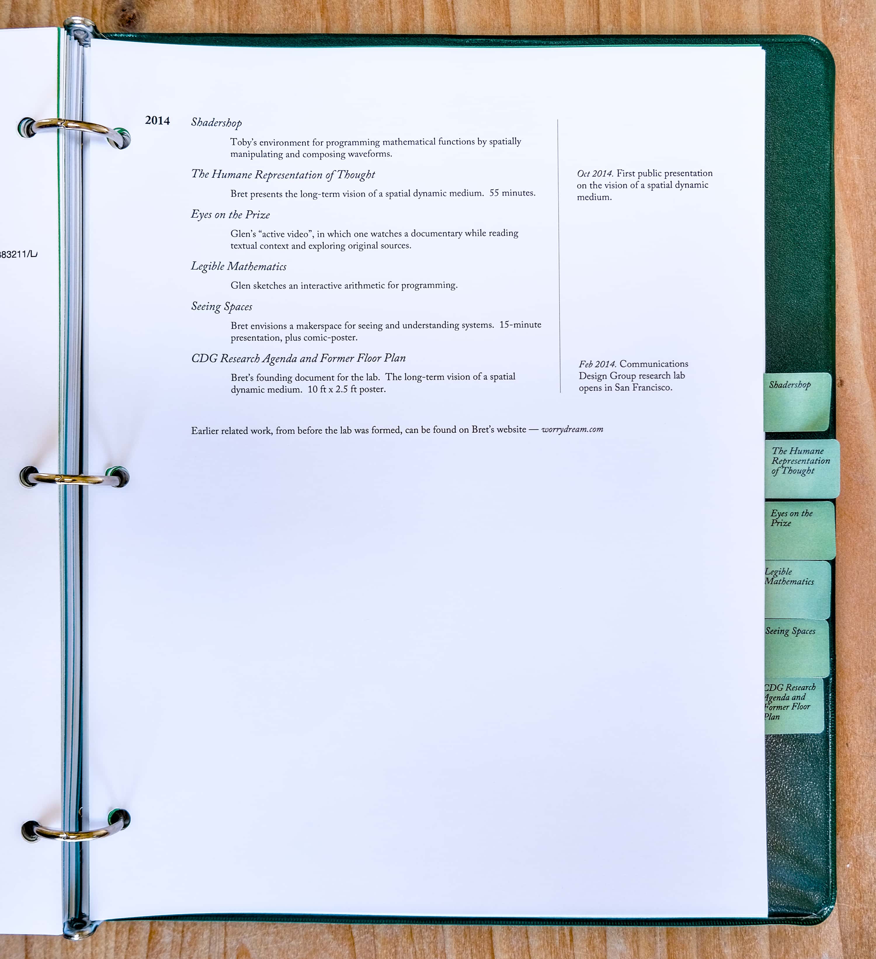 Shadershop: Toby’s environment for programming mathematical functions by spatially manipulating and composing waveforms.

The Humane Representation of Thought: Bret presents the long-term vision of a spatial dynamic medium.  55 minutes.

Eyes on the Prize: Glen’s “active video”, in which one watches a documentary while reading textual context and exploring original sources.

Legible Mathematics: Glen sketches an interactive arithmetic for programming.

Seeing Spaces: Bret envisions a makerspace for seeing and understanding systems.  15-minute presentation, plus comic-poster.

CDG Research Agenda and Former Floor Plan: Bret’s founding document for the lab.  The long-term vision of a spatial dynamic medium.  10 ft x 2.5 ft poster.

Earlier related work, from before the lab was formed, can be found on Bret’s website — worrydream.com
